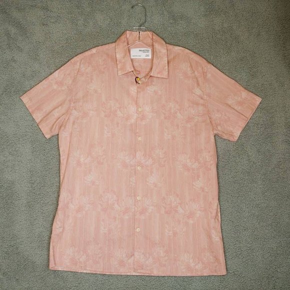 Selected Homme Mens Button Front Shirt Pink Striped Leaves Short Sleeve 16.5 New - Picture 1 of 10
